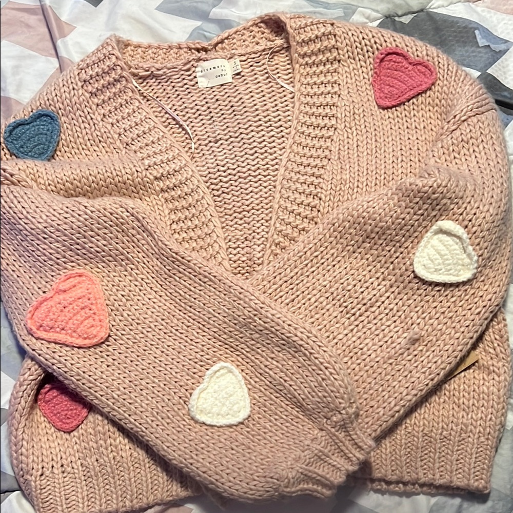 Pink and Blue Heart Cardigan with Chunky Knit